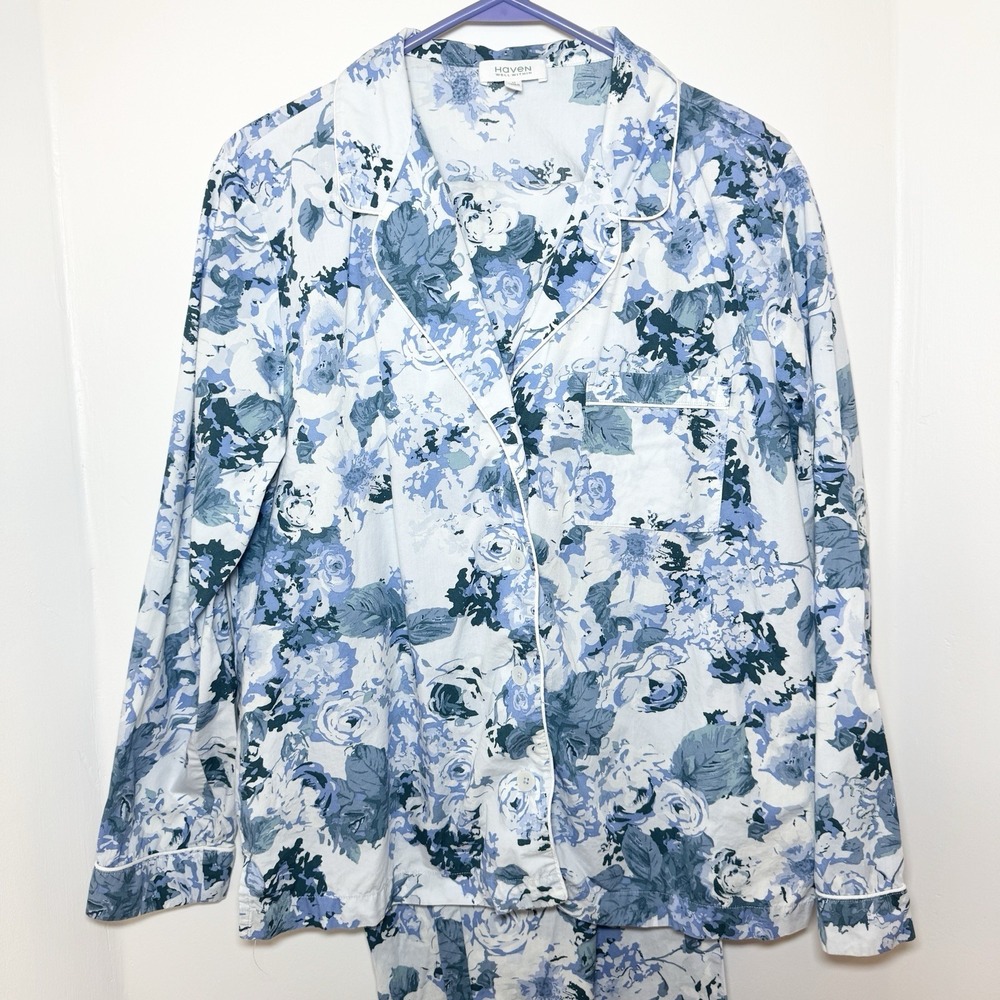 Haven Well Within Pajama Set Womens Medium Organic Cotton Poplin Blue Floral - Picture 2 of 12